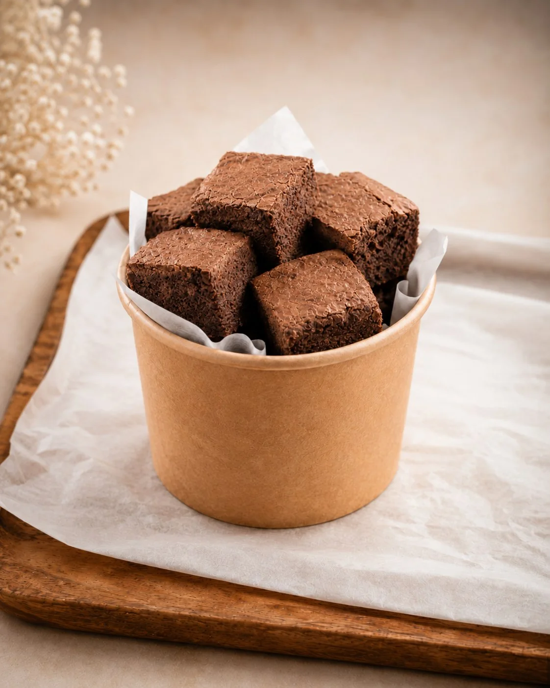 Kraft kap içinde küp şeklinde Cotton Bakery brownie bites, küçük ikramlık