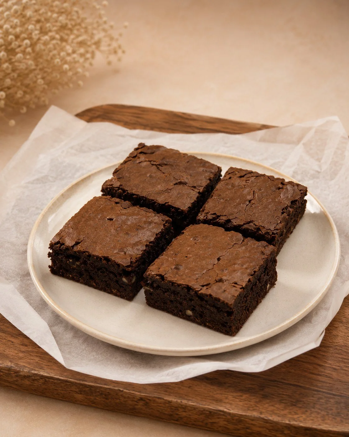 Tabakta dört adet porsiyon Cotton Bakery brownie, kahve yanı ikramlık